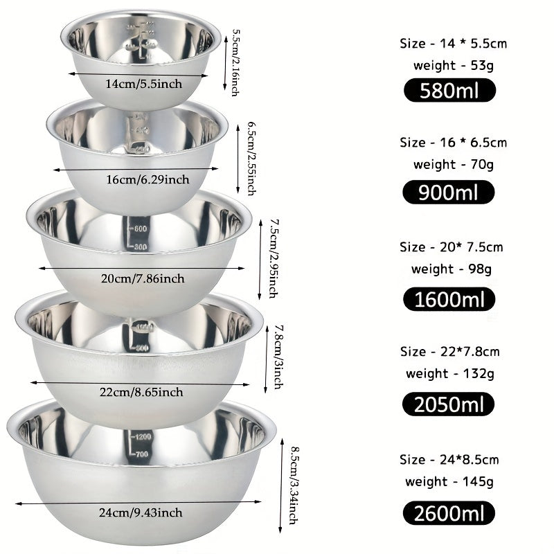 5-teiliges Edelstahl-Rührschüssel-Set – Rutschfest & Stapelbar