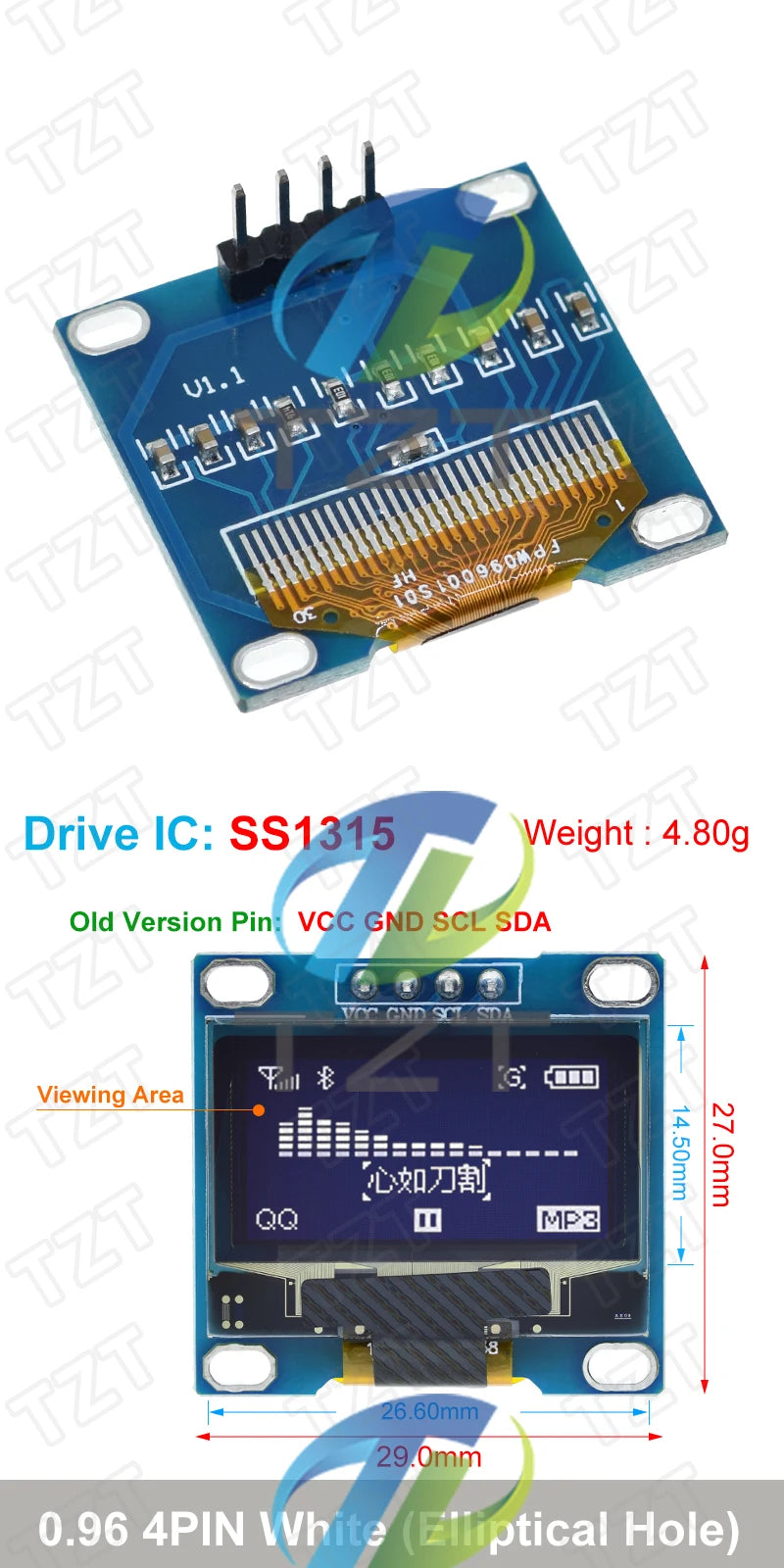 TZT RoHS-zertifiziertes 0,96-Zoll-OLED-I2c-Seriell-Weiß-OLED-Displaymodul 128x64 I2C SSD1306 12864 LCD-Bildschirmplatine für Arduino