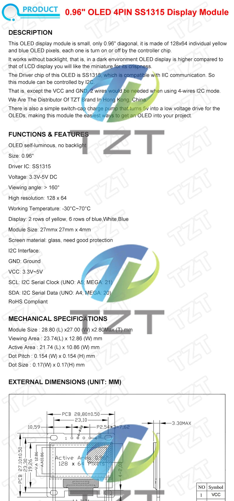 TZT RoHS-zertifiziertes 0,96-Zoll-OLED-I2c-Seriell-Weiß-OLED-Displaymodul 128x64 I2C SSD1306 12864 LCD-Bildschirmplatine für Arduino