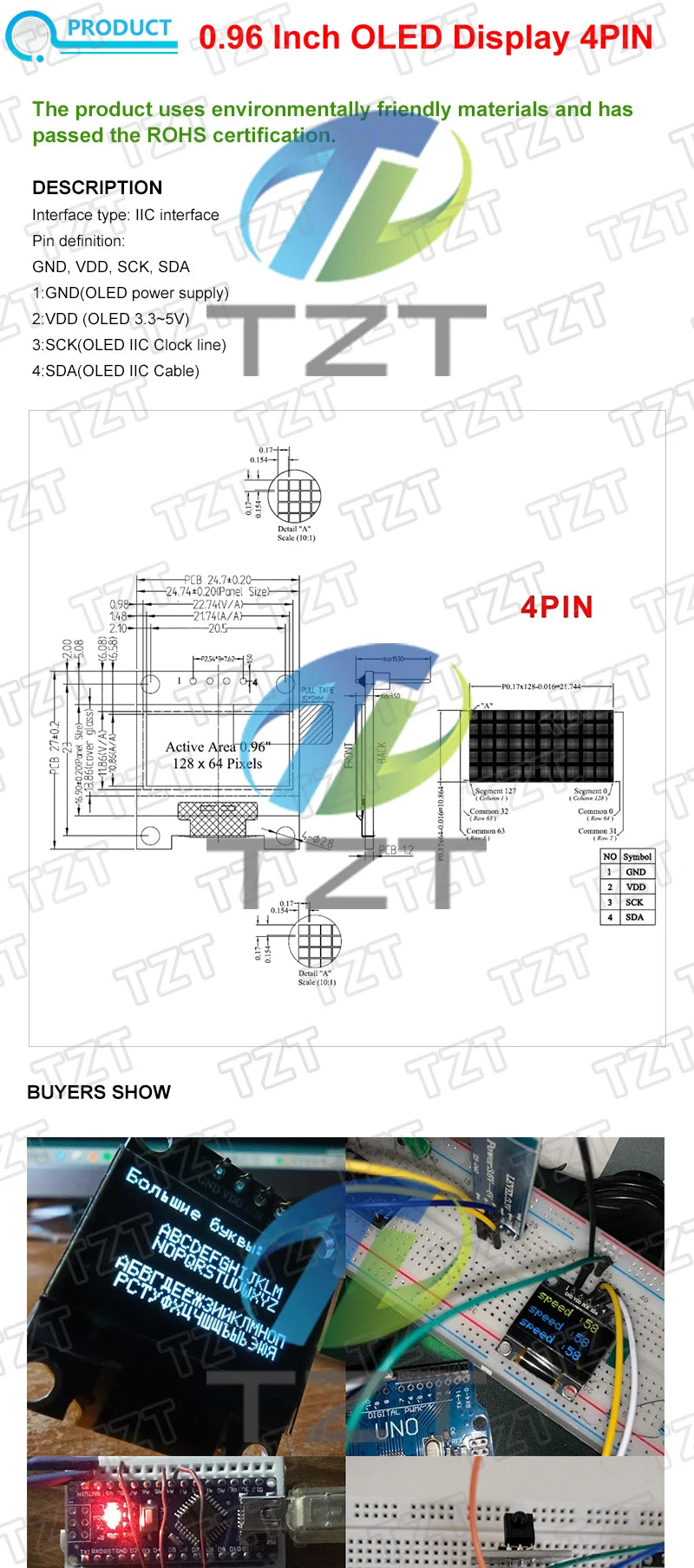 TZT RoHS-zertifiziertes 0,96-Zoll-OLED-I2c-Seriell-Weiß-OLED-Displaymodul 128x64 I2C SSD1306 12864 LCD-Bildschirmplatine für Arduino