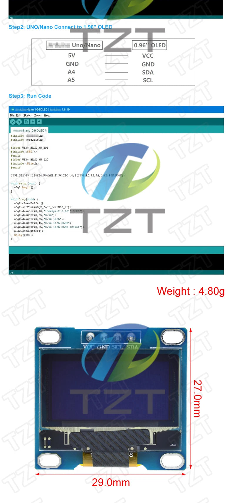 TZT RoHS-zertifiziertes 0,96-Zoll-OLED-I2c-Seriell-Weiß-OLED-Displaymodul 128x64 I2C SSD1306 12864 LCD-Bildschirmplatine für Arduino