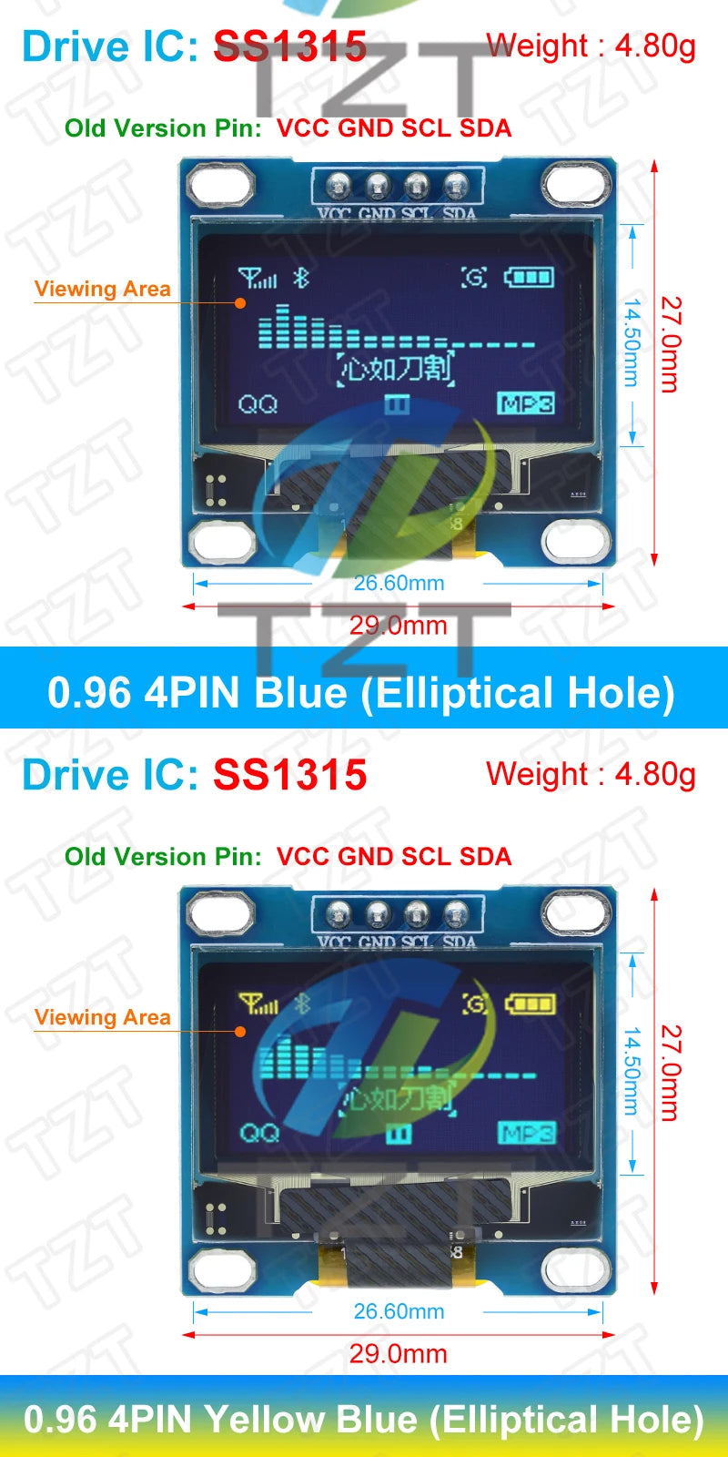 TZT RoHS-zertifiziertes 0,96-Zoll-OLED-I2c-Seriell-Weiß-OLED-Displaymodul 128x64 I2C SSD1306 12864 LCD-Bildschirmplatine für Arduino