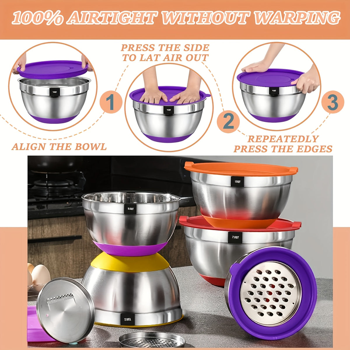 16-teiliges Salatschüssel-Set aus Edelstahl mit Deckel