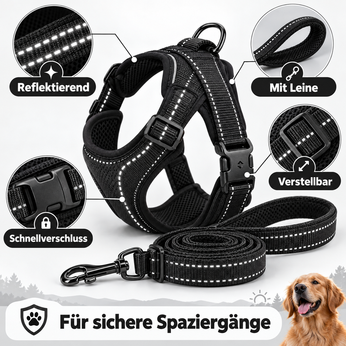 Reflektierendes Hundegeschirr mit Leine und deutschen Produktmerkmalen