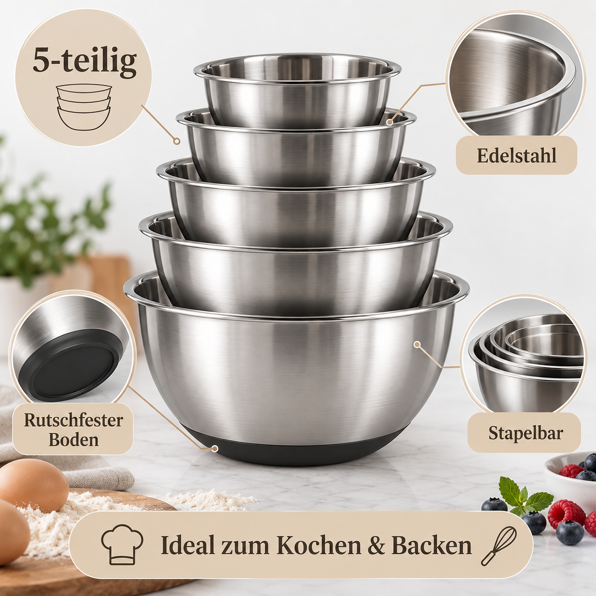 5-teiliges Edelstahl-Rührschüssel-Set mit deutschen Produktmerkmalen